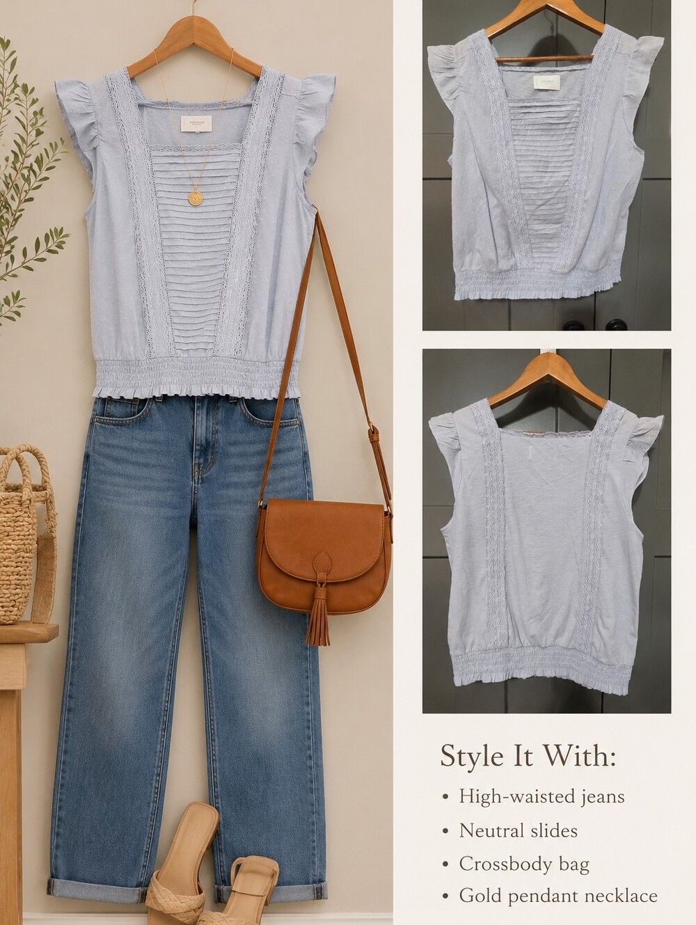 Lucky Brand Pale Blue Pintuck Ruffle Sleeve Camisole